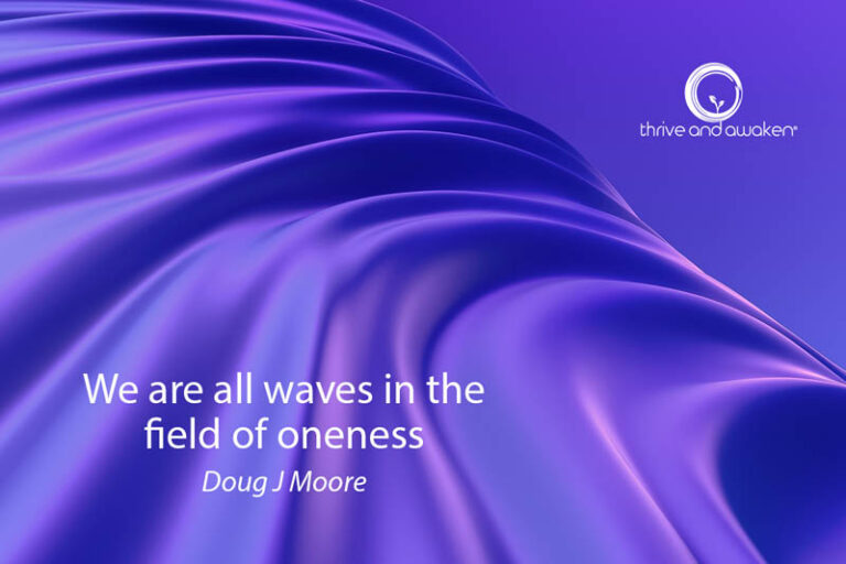 Purple waves with a quote from Doug: We are all waves in the field of Oneness